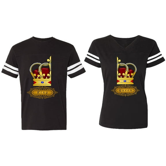 King Queen Red Gold Crown Matching Couple Cotton Jerseys (Men Black / Women Black) (Men S / Women S)