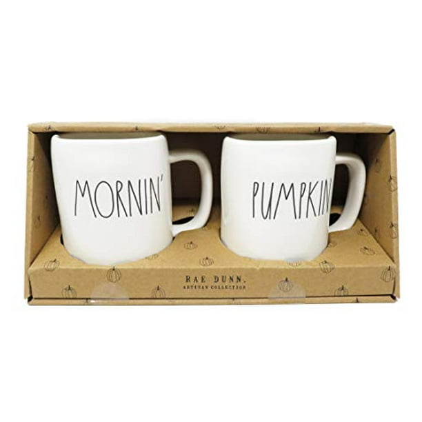 Rae Dunn By Magenta 2 Piece MORNIN' + PUMPKIN Ceramic LL Coffee Tea Mug Set  2019 Limited Edition