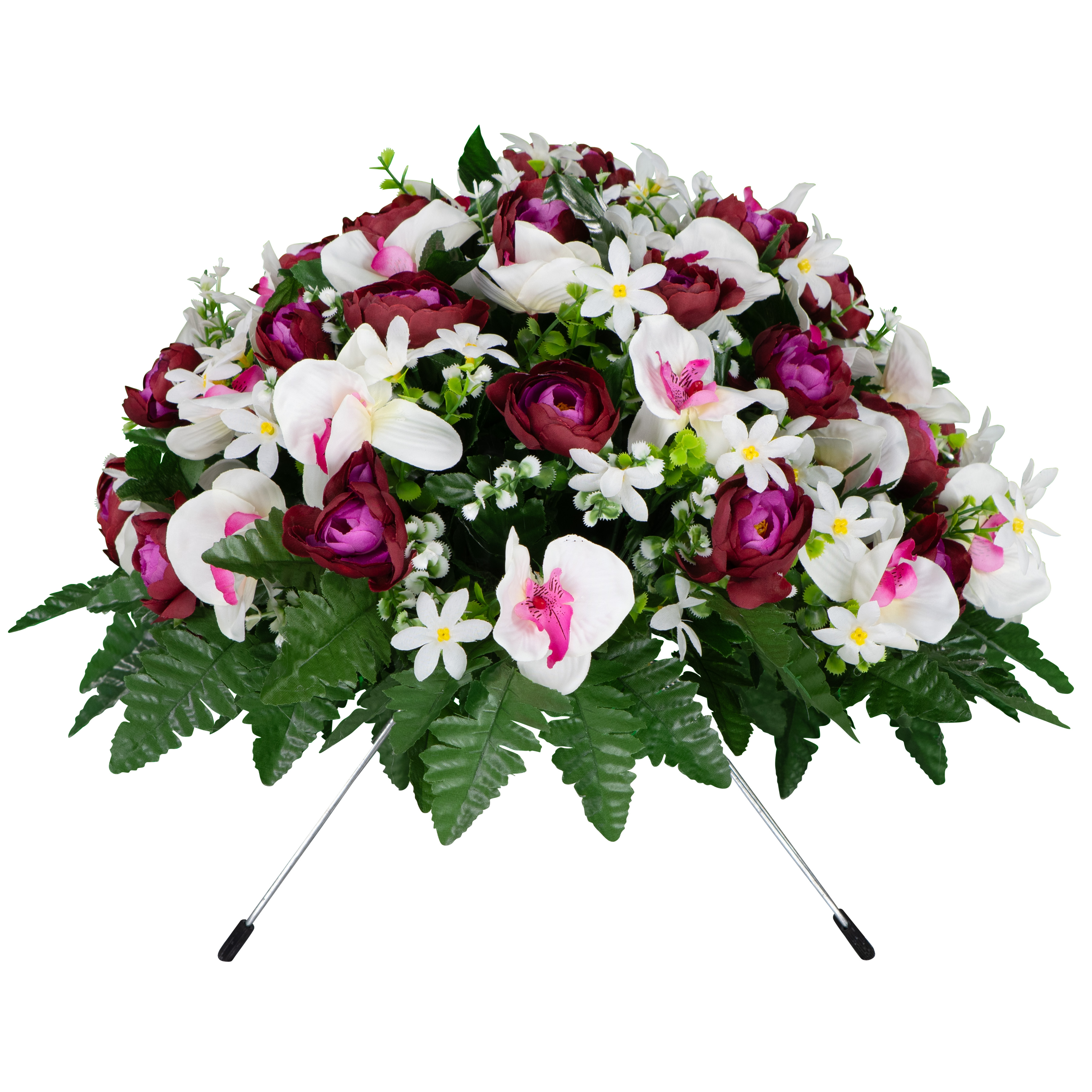 Sympathy Silks Artificial Cemetery Flowers - Violet Cabbage Rose and White Orchid - Saddle for Headstone