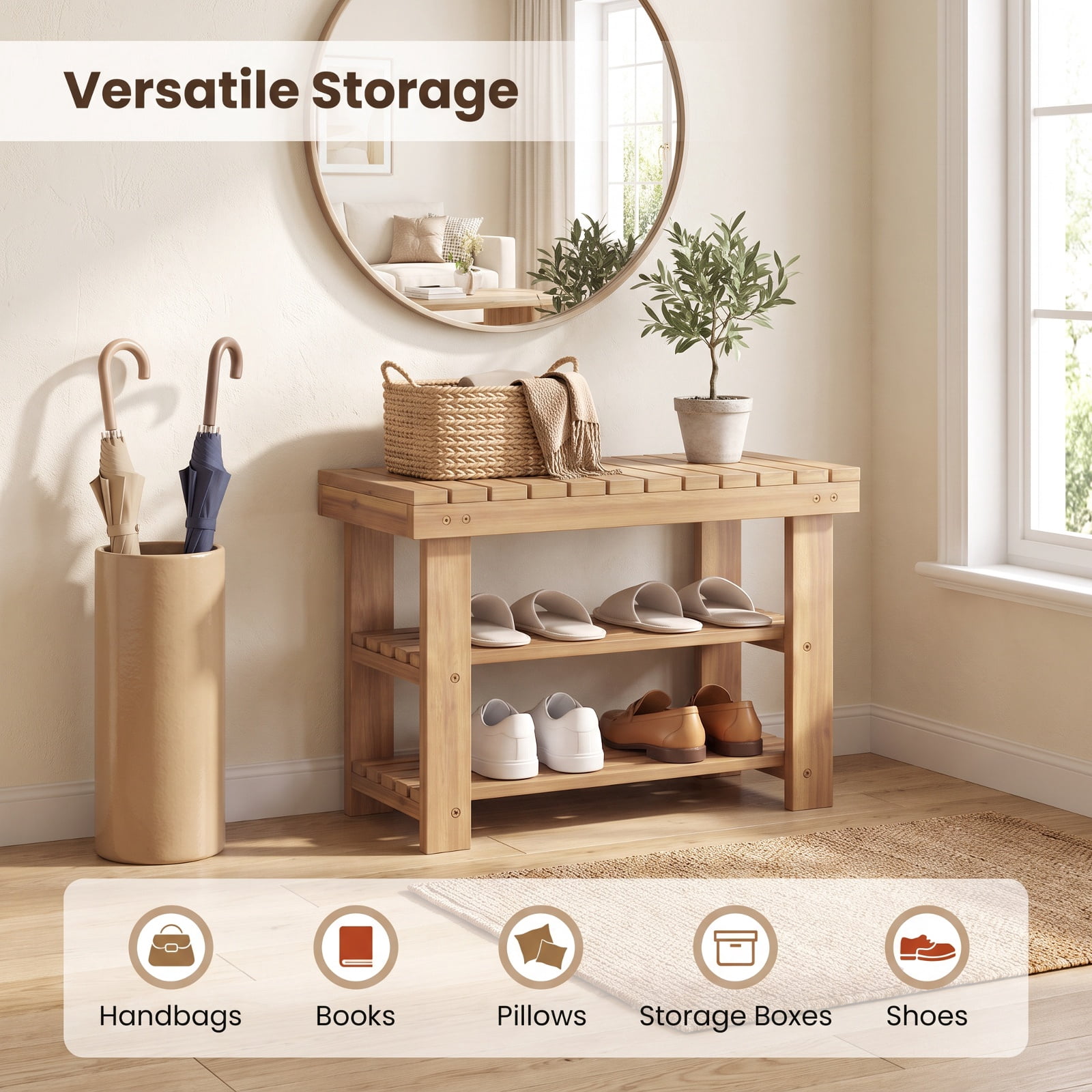 Furnibear 3 Tier Solid Wood Shoe Rack Bench with Slatted Shelves for Entryway Hallway and Living Room Shoe Storage Small Size, Natural