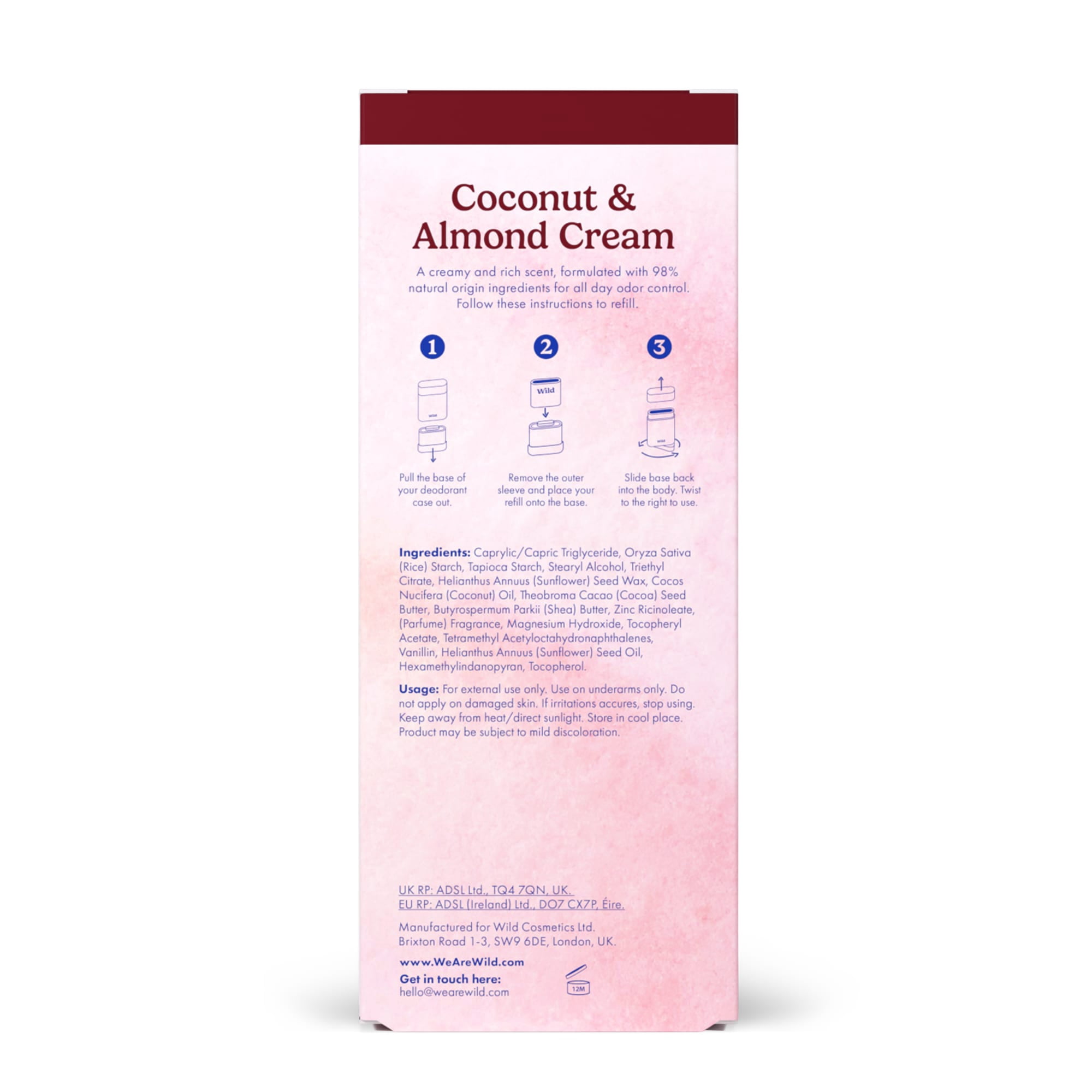 Wild Refillable Deodorant Starter Pack – Aluminum Free. Paddington Case + Coconut & Almond Cream Sensitive Refill, for Women and Men, 1.4oz