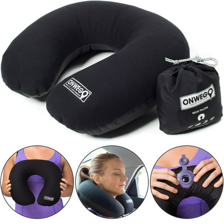 ONWEGO Inflatable Neck Pillow for Travel and Airplane/Best Blow Up U-Shape Plane Pillow - Lightweight Stay Cool Fabric - Head and Neck Support - Mouth Inflating, No Pump Needed (Black) (Best Inflatable Travel Pillow 2019)