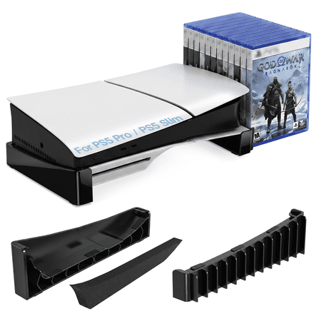 ZYTHRONE Horizontal Stand for PS5 Slim & Pro Console and Hold 12 Pcs Game Disc, PS5 Base Stand Compatible with PlayStation 5 Slim/Pro Disc & Digital Editions, Black