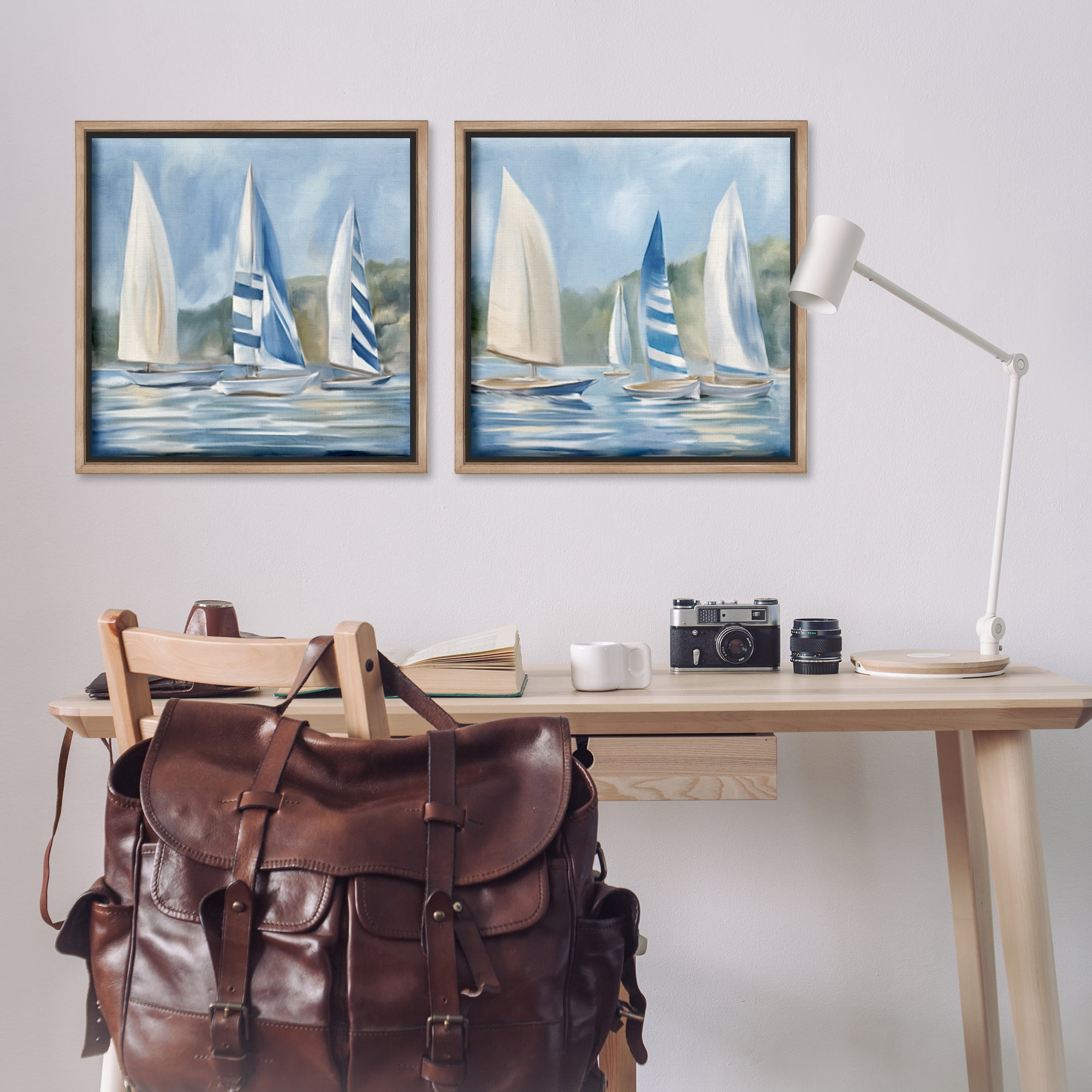 Stupell Industries Sailboats on Calm Water Nautical & Beach Painting Brown Floater Framed Canvas Art Print Wall Art, 25 x 25, Set of 2