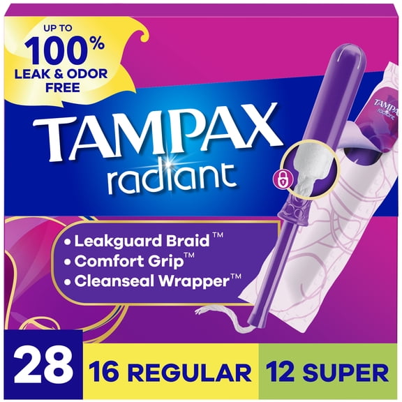 Tampax Radiant Tampons Multipack, with LeakGuard Braid, Regular/Super, 28 Count