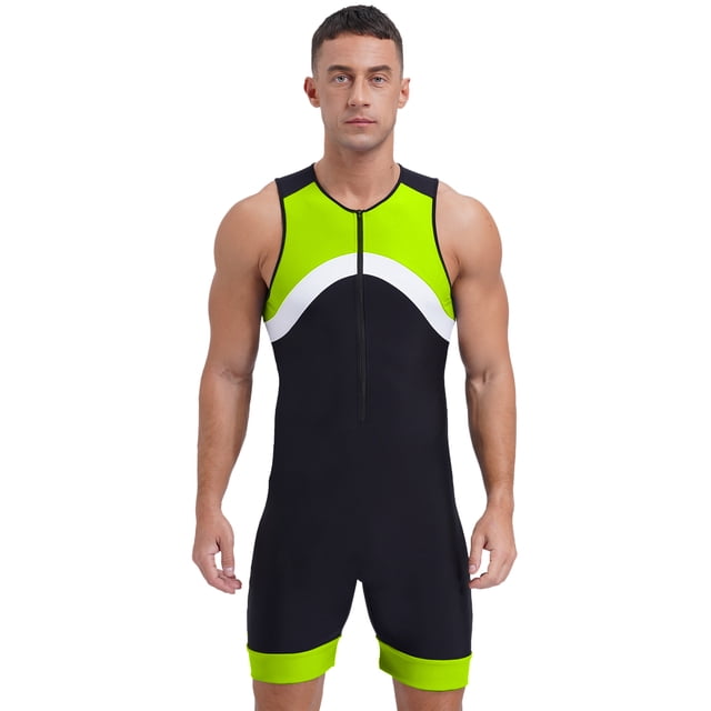 Sxiwei Men's Sun Protection Jumpsuit Sleeveless Rash Guard Zipper Bodysuit Swimwear Surfing Bathing Fluorescent Green L