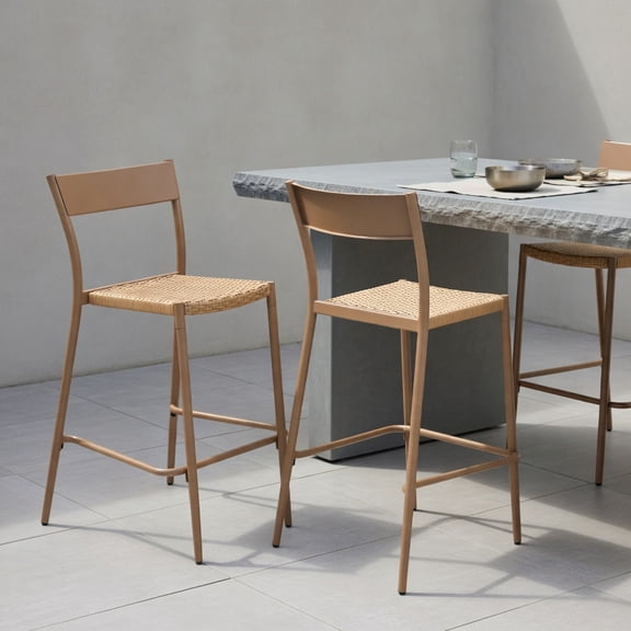 GVN Outdoor Kitchen Chair, Dinner Chairs,Patio Barstools Set of 2 with Rattan Seat and Metal Backrest-Light Brown