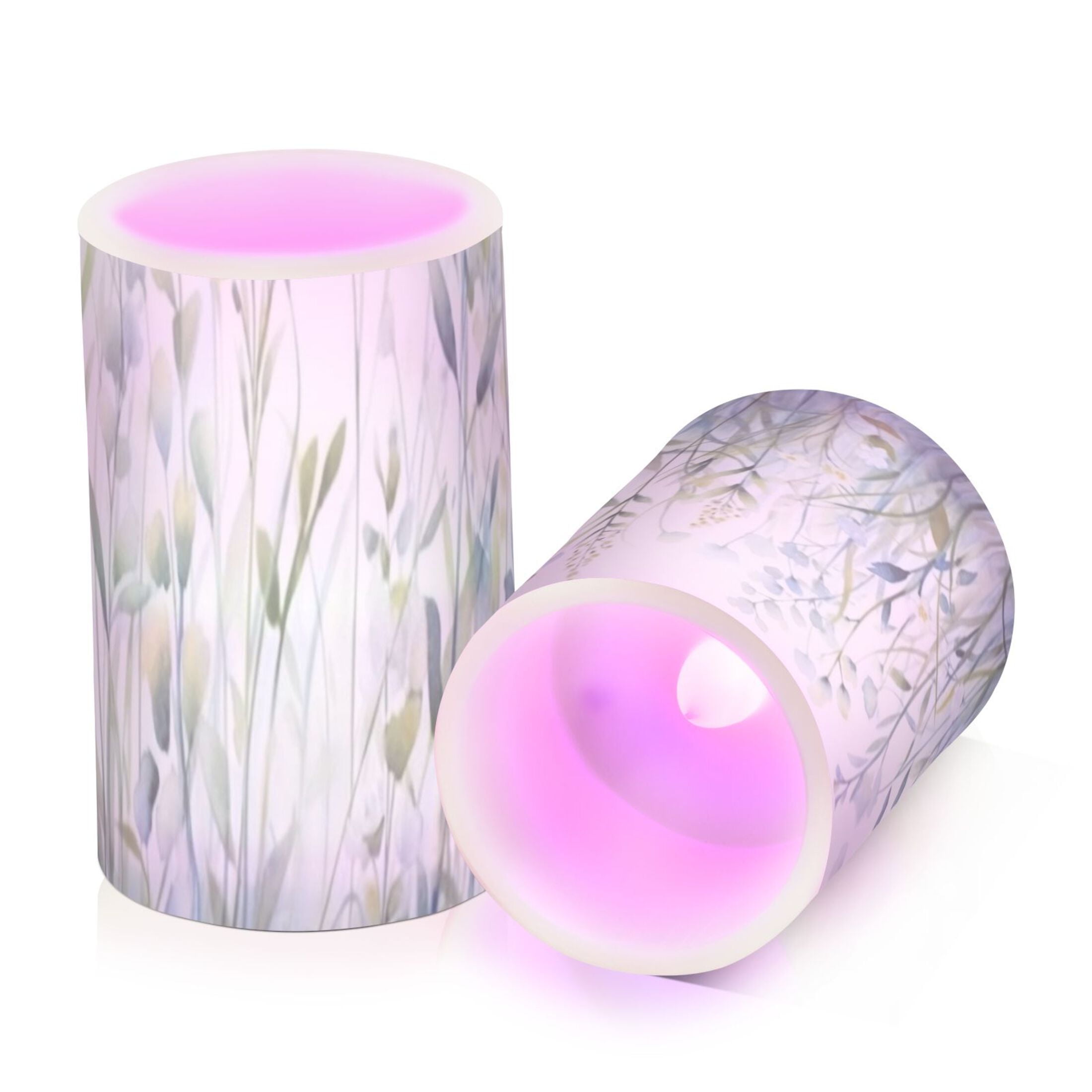 Watercolour Plants and Flowers Flickering Flameless Candles Battery Operated with Remote Timer LED Pillar Candles Set of 2