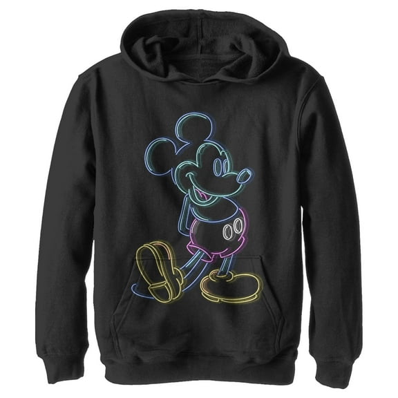 Boy's Mickey & Friends Bright Neon Mickey Mouse Outline  Pull Over Hoodie Black Medium
