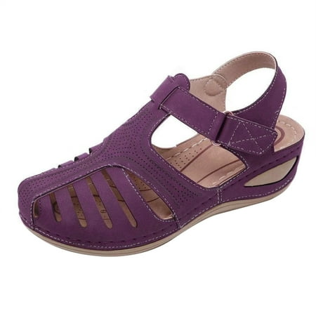 

ZTTD Thick Sole Sandals for Women Soft Leather Closed Toe Vintage Anti Slip Sandals Thick Sole Shoes Hollow Sandals Purple
