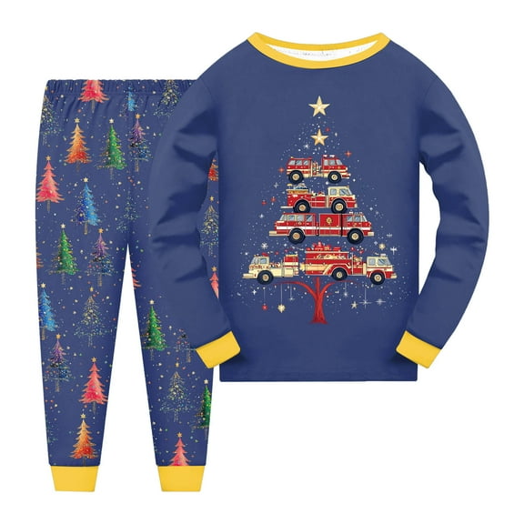 NIEWTR Little Boys Girls Christmas Pajamas Kids Reindeer Pjs Toddler Holiday Clothes Long Sleeve 2 Pcs Cotton Sleepwear Sets Xmas Set (7-8 Years,Navy)