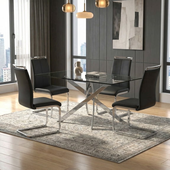 Sumdeal Modern 5-Piece Dining Table Set, 63" Rectangular Tempered Glass Table with 4 Black PU Leather C-Frame Cantilever Chairs, Ghrome Plated Metal Legs, Luxury Kitchen & Dining Furniture