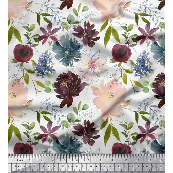 Soimoi White Silk Fabric Leaves & Peony Floral Print Print Fabric by the Yard 44 Inch Wide