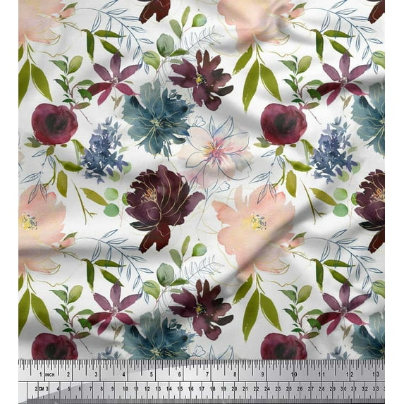 Soimoi White polyester Crepe Fabric Leaves & Peony Floral Print Printed Craft Fabric By the Yard 42 Inch Wide