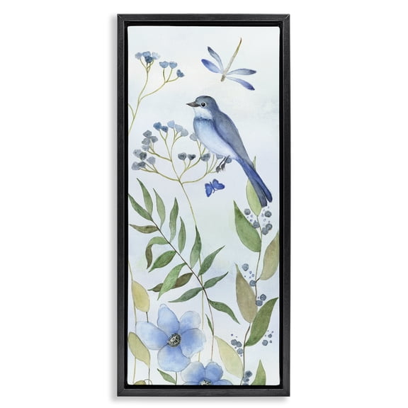 Stupell Industries Scandinavian Bluebird and Botanicals Black Floating Frame Canvas Art, 11 x 25, by Janet Tava