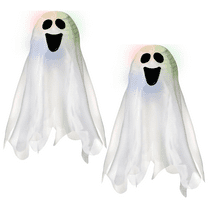 2 Pack Halloween Light-Up Hanging Ghost Decoration – 18" x 6" White Fabric Ghost with LED Lights for Indoor & Outdoor Spooky Décor