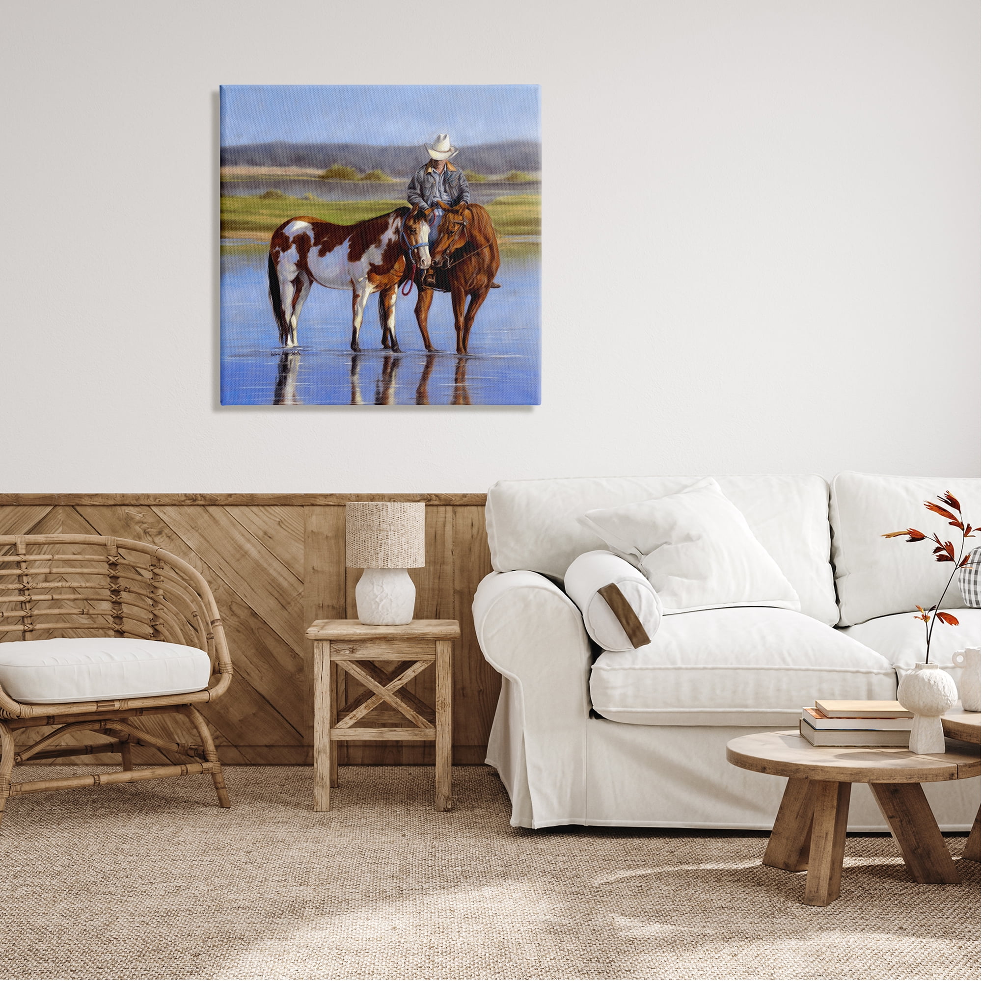 Stupell Industries Cowboy in Shallow River Animals & Insects Painting Gallery Wrapped Canvas Art Print Wall Art, 30 x 30