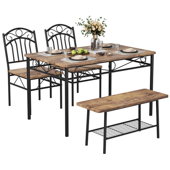 4-Piece Dining Table Set for 4, Modern Metal Frame Dinette with Bench & Chairs, Small Kitchen Table with Bottom Storage Rack for Apartment