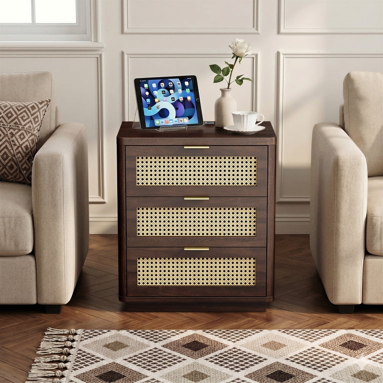Biemlerfn Nightstand with Charging Station, Walnut Rattan photo 7