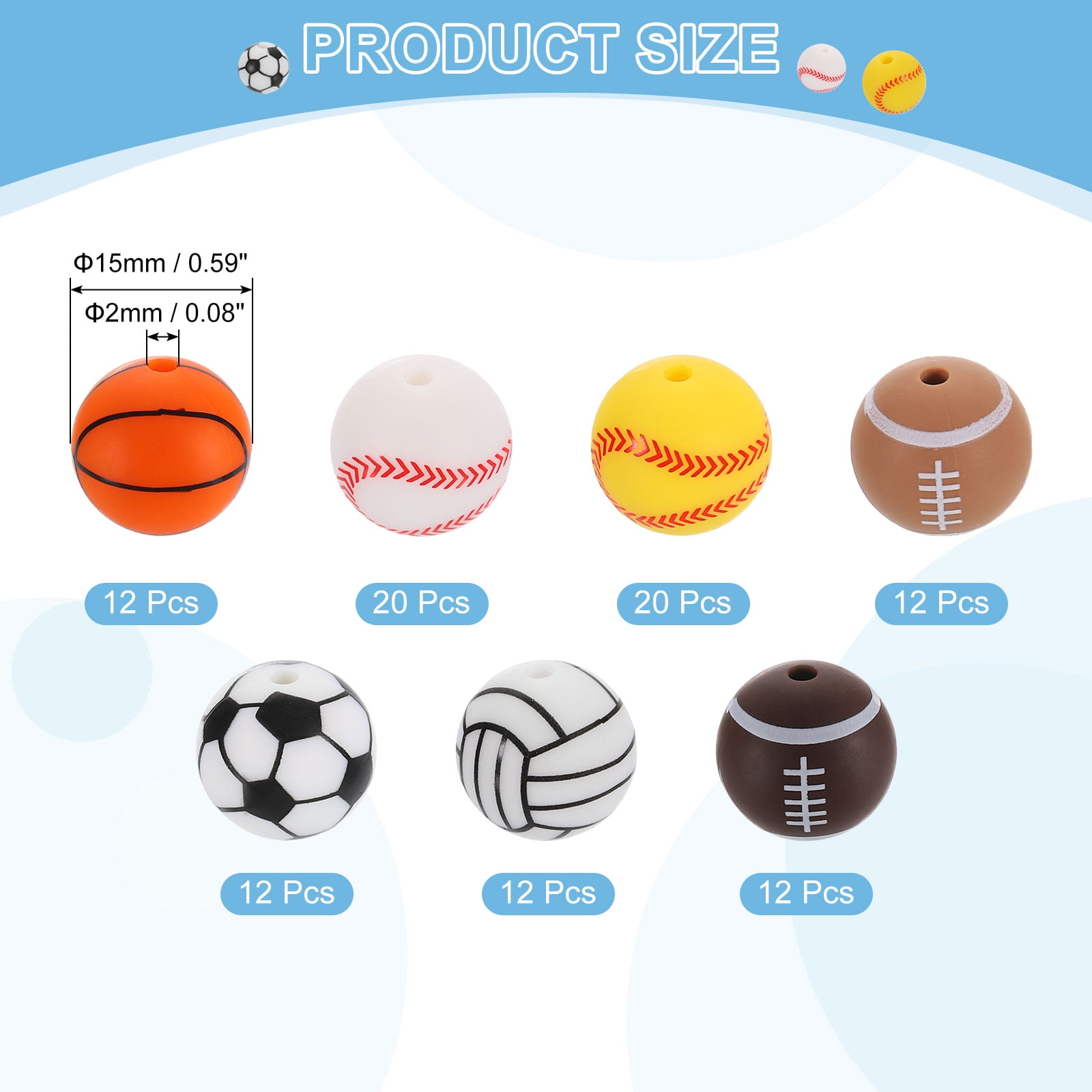 Sports Ball Beads, 100Pcs 15mm - Silicone Round Spacer Focal Beads, Rubber Loose Print Sports Beads for Keychain Making Pens DIY Crafts Necklace Bracelet Lanyard (7 Styles)