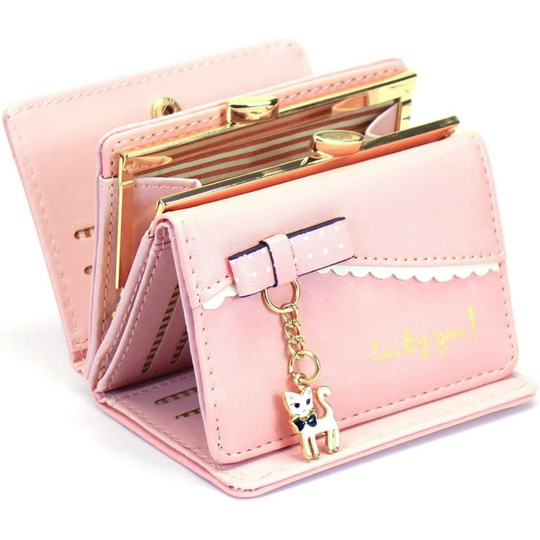 Small Wallet for Women Cute Cat Pendant Card Holder Organizer Girls Front  Pocket Coin Purse Leather (Pink) 