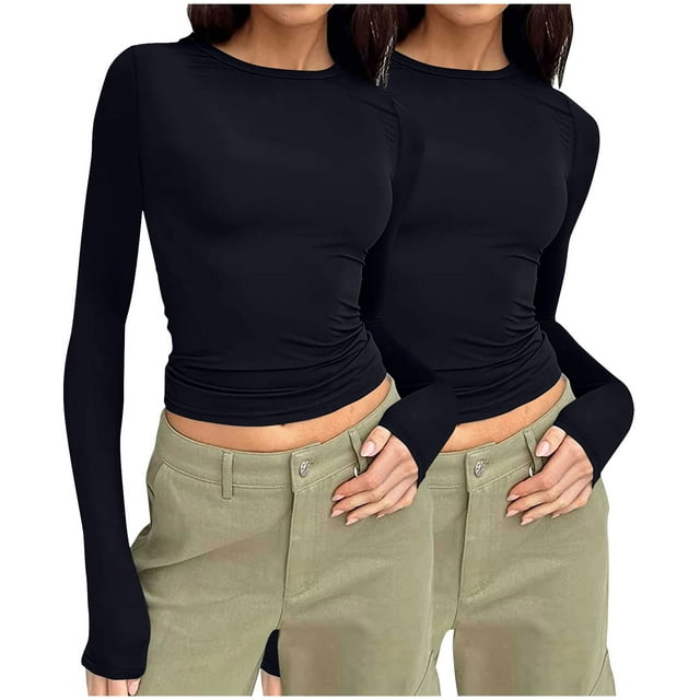 Pisexur 2 Pcs Hauts d'Automne pour Femmes Manches Longues Hauts pour Femme Mode T-Shirts Courts Col Rond Décontractés Ajustés Blouses Unies Chandail Tops Basiques T-Shirts d'Automne