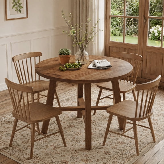 Fnova 31.5" Solid Wood Round Dining Table for 2-4, Small Farmhouse Kitchen Table for Living Room, Dining Room, Apartment, Brown