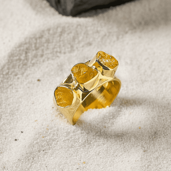 Sechi Raw Citrine Ring in Gold Plated Sterling Silver, Wide Band Statement Ring November Birthstone Jewelry (5)