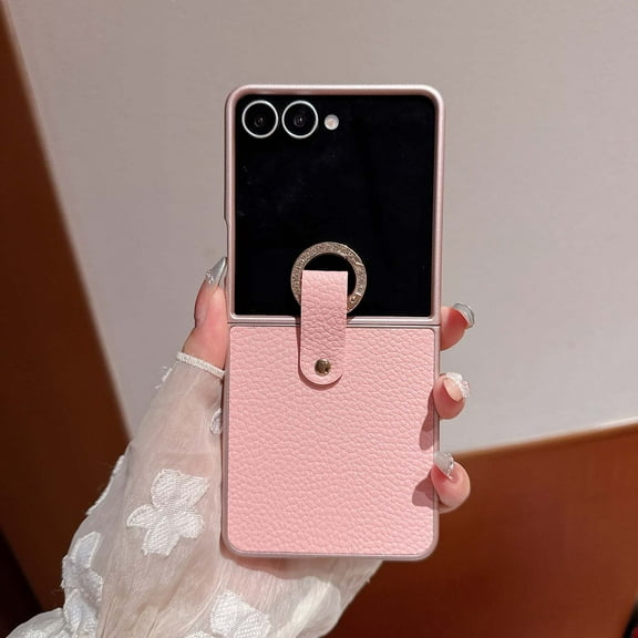 Designed For Motorola Razr 2025/2024 Phone Case,Anti-Scratch Lychee Pattern PU Leather Back,With Diamond Metal Ring Holder,Ultra Slim Shockproof Rugged Durable Phone Case,Pink