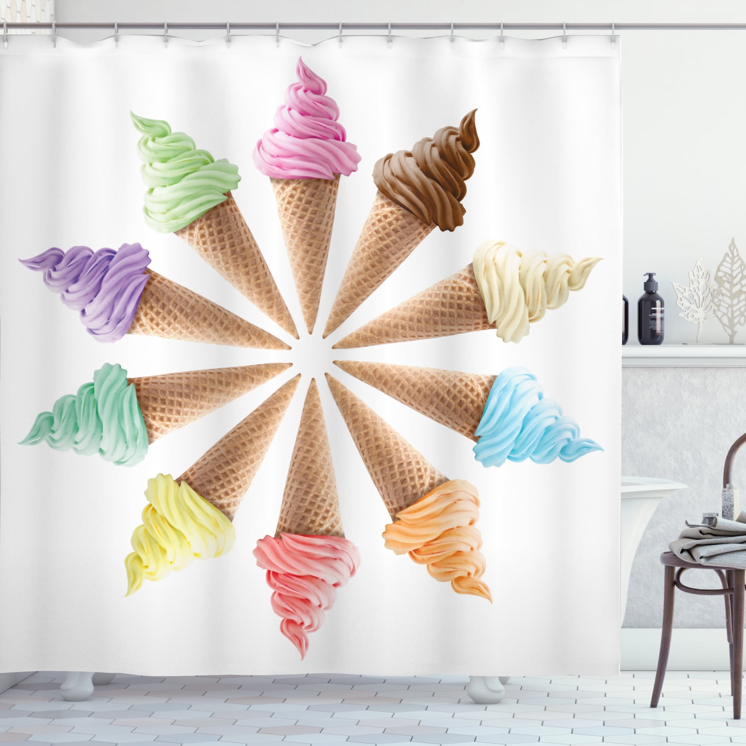 Ice Cream Shower Curtain, Cones with Various Flavors Forming a Stylish