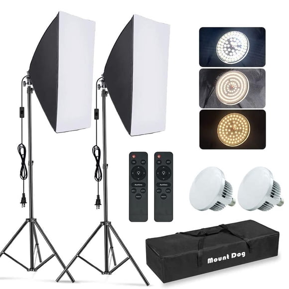 MOUNTDOG Softbox Lighting Kit, 2x19.7"x27.5" Photography Continuous Lighting System with 2pcs 85W 5700K E27 Socket LED Bulbs and Remote for Portrait
