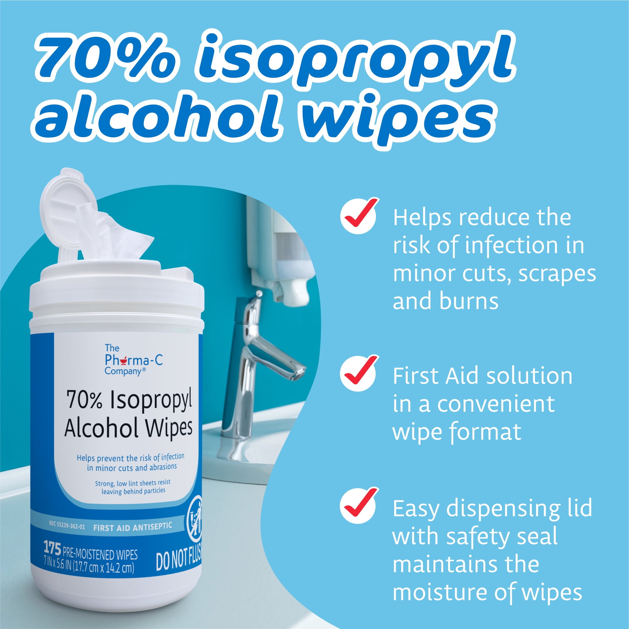Pharma-C 70% Isopropyl Alcohol Wipes, First Aid Antiseptic, 175 Count