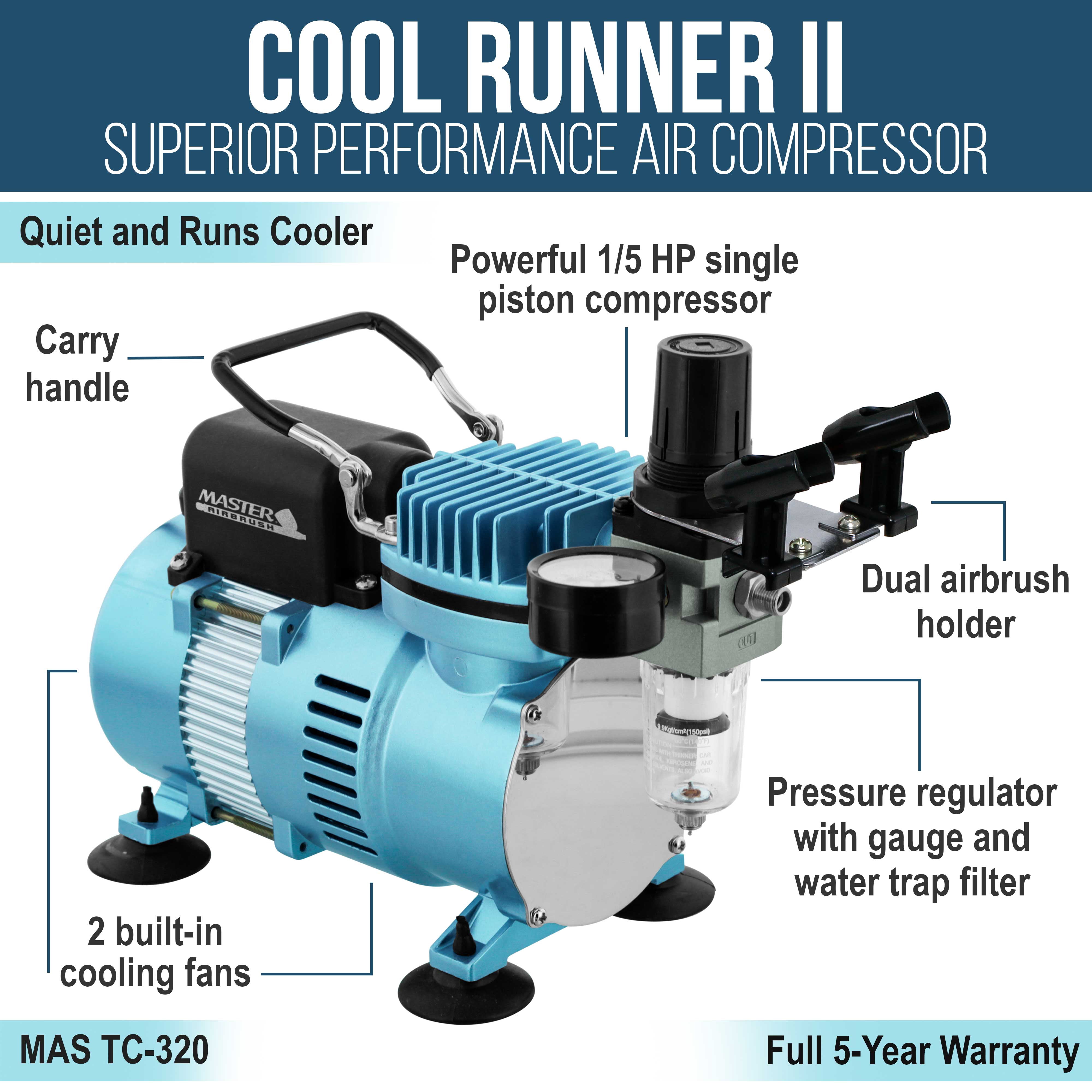 Master Airbrush Cool Runner II Dual Fan Air Compressor System Kit with a G34 Gravity Feed Dual-Action Airbrush Set with 0.3mm Tip, 1/16 oz. Fluid Cup - Holder, How-To Guide - Hobby, Auto, Cake
