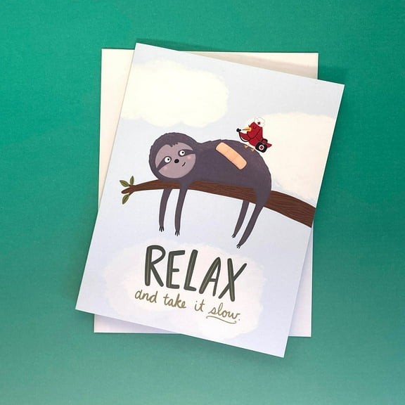 Funny Sloth Relaxation Card – “Relax and Take It Slow” Design – Envelope Included, Blank Inside – Perfect for Encouragement and Stress Relief