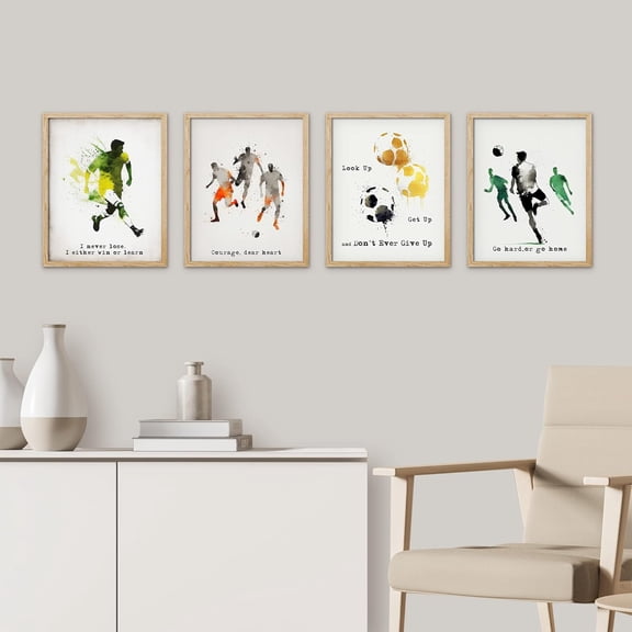 PixonSign Framed Paints Stroke Soccer Players Football Wall Art, Set of 4 Boy's Bedroom Illustration Wall Decor, Modern Adhesive Canvas Poster, Multicolor Contemporary Wall Décor - 8"x10" Natural