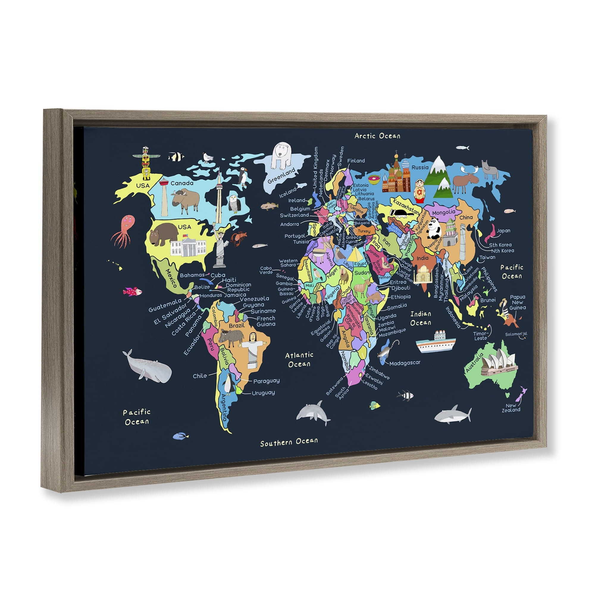 Stupell Industries Detailed Countries Map Education Painting Brown Floater Framed Canvas Art Print Wall Art, 31 x 21