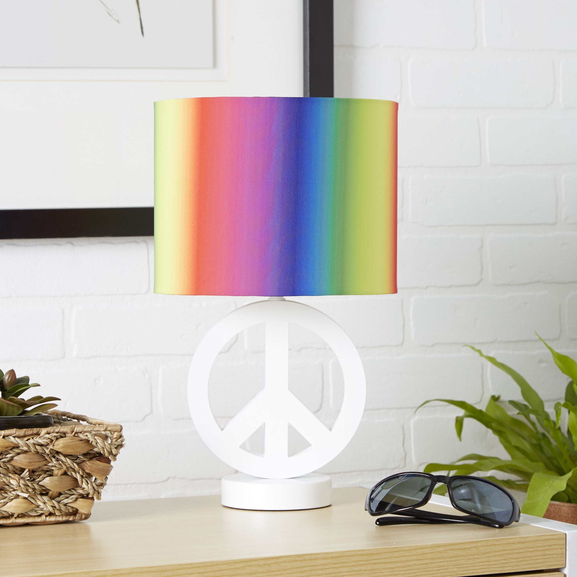 Your Zone Arctic White Peace Sign Table Lamp With Rainbow Drum Shade