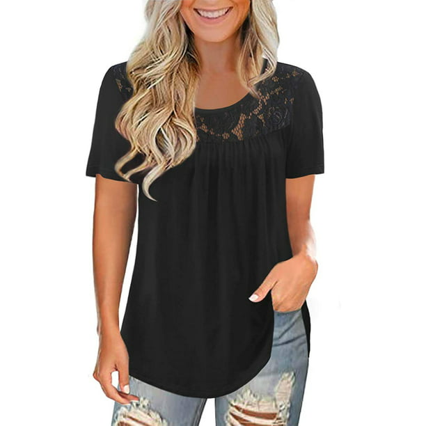 Verno - Women's Tops Blouses Summer Short Sleeve T Shirts Lace Pleated Tunic Tops - - Walmart.com