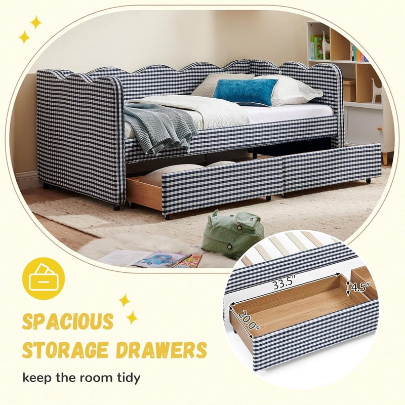 Cozy Full Size Daybed with 2 Storage Drawers and USB Charging Port, Linen Gingham Wave Shaped Sofa Bed for Living Room and Bedroom