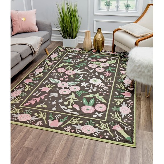 Rugs America Hanna VA30A Gardenia Pink Onyx Floral Transitional Black Area Rug, 2'x4'