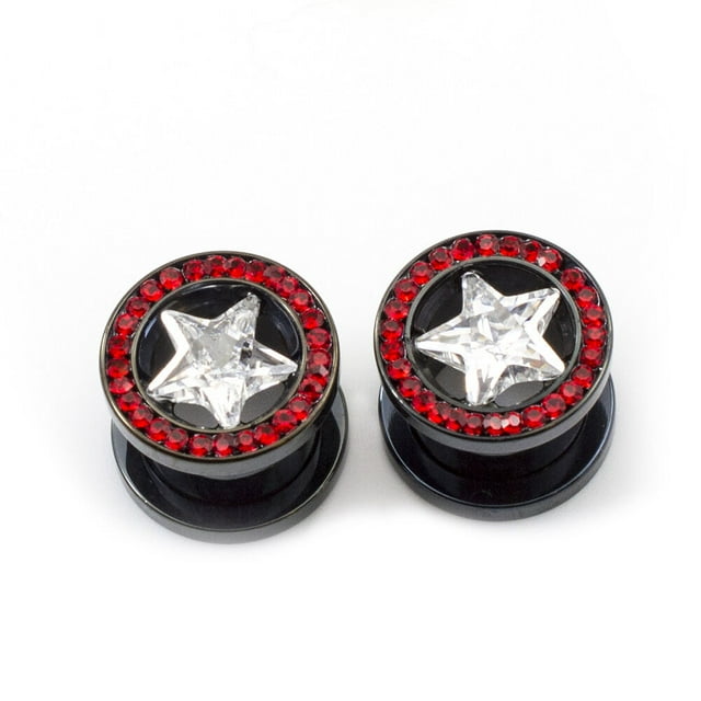 BodyJewelryOnline Paire de Bouchons d'Oreilles à Vis en Forme d'Étoile Claire et Multiples Petits Gemmes Rouges Hommes Femmes
