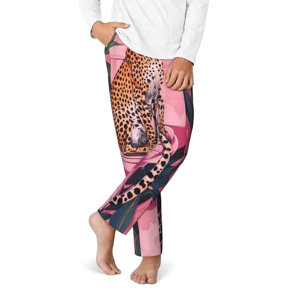Gukieu Cheetah On Toilet Humor Art Print Youth Home Trousers, Elastic Waistband with Pockets for Home and Outing, Suitable for Children Aged 5-16-XS(5-6)