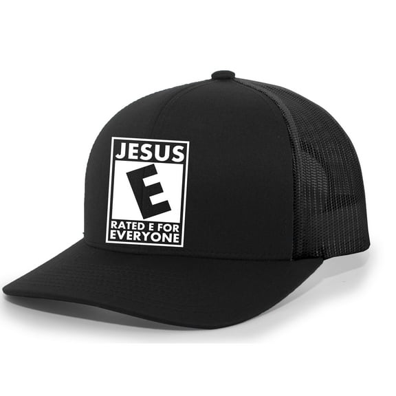 Mens Christian Hat Jesus Rated E for Everyone Mens Christian Mesh Back Trucker Hat Baseball Cap-Black/Black