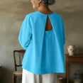 thumbnail image 2 of Lenpel Women's Tops 3/4 Length Sleeve Crew Neck Open Back Pleated T-Shirts Loose Tunic Blouses Trendy Casual Tees, 2 of 7