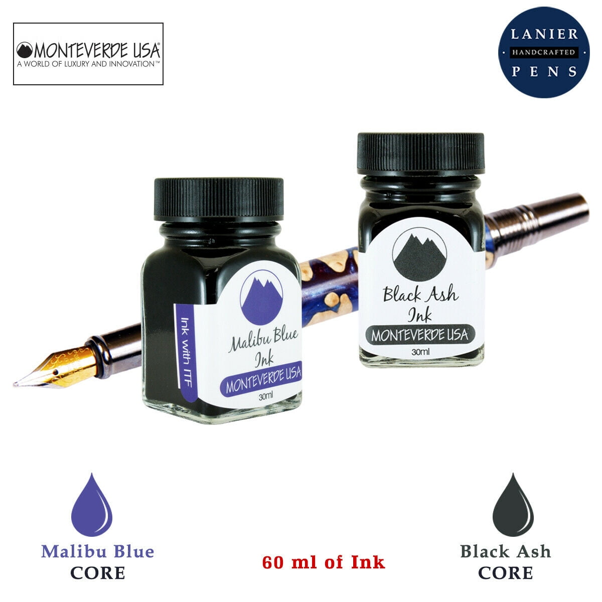 Monteverde 60ml Core Fountain Pen Ink Bottle (30ml Malibu Blue Ink Bottle G309MU, 30ml Black Ash Ink Bottle G309BA)