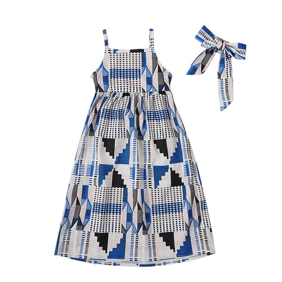 CPNG Toddler Baby Girl Skirt African Print Dress Summer Clothes Outfits Little Girl Casual Dresse and Headband 2 Pcs Set(BU1,5-6 Years)