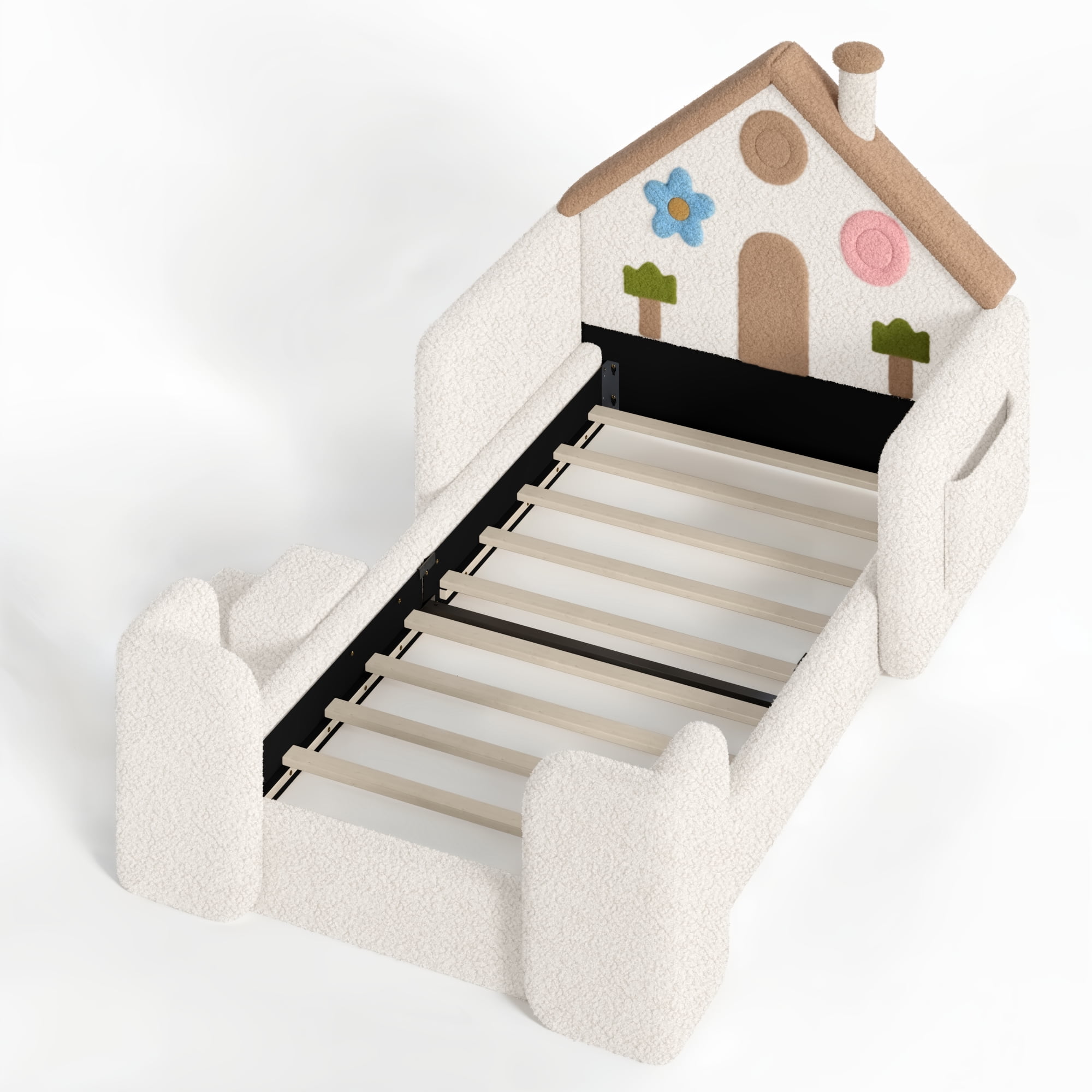 HOQBN Twin House Shaped Upholstered Floor Bed, Upholstered Kids Bed with Safety Side Rails, Low Floor Playhouse Bed for Nursery & Kids Bedroom Beige & Natural