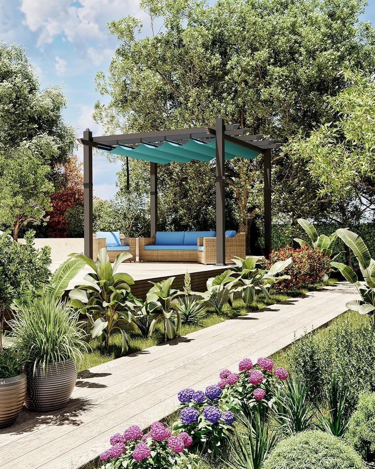10x10 Ft Aluminum Pergola,Outdoor Metal Gazebo with Adjustable Canopy,Reinforced Frame Outdoor Shelter for Backyard,Patio Lawn and Deck - Blue