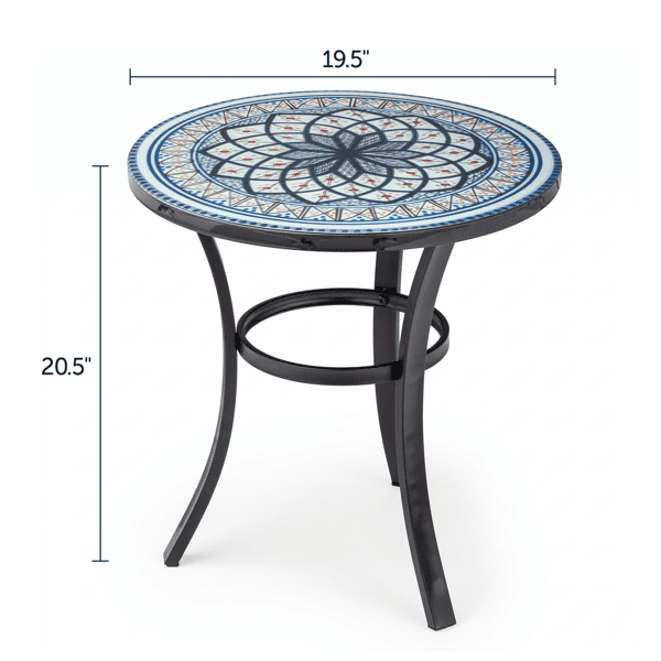 19.5 inch Side Table, Round Iron Top with Tripod Legs, Indoor Outdoor Accent End Table, Blue & White Mandala Mosaic
