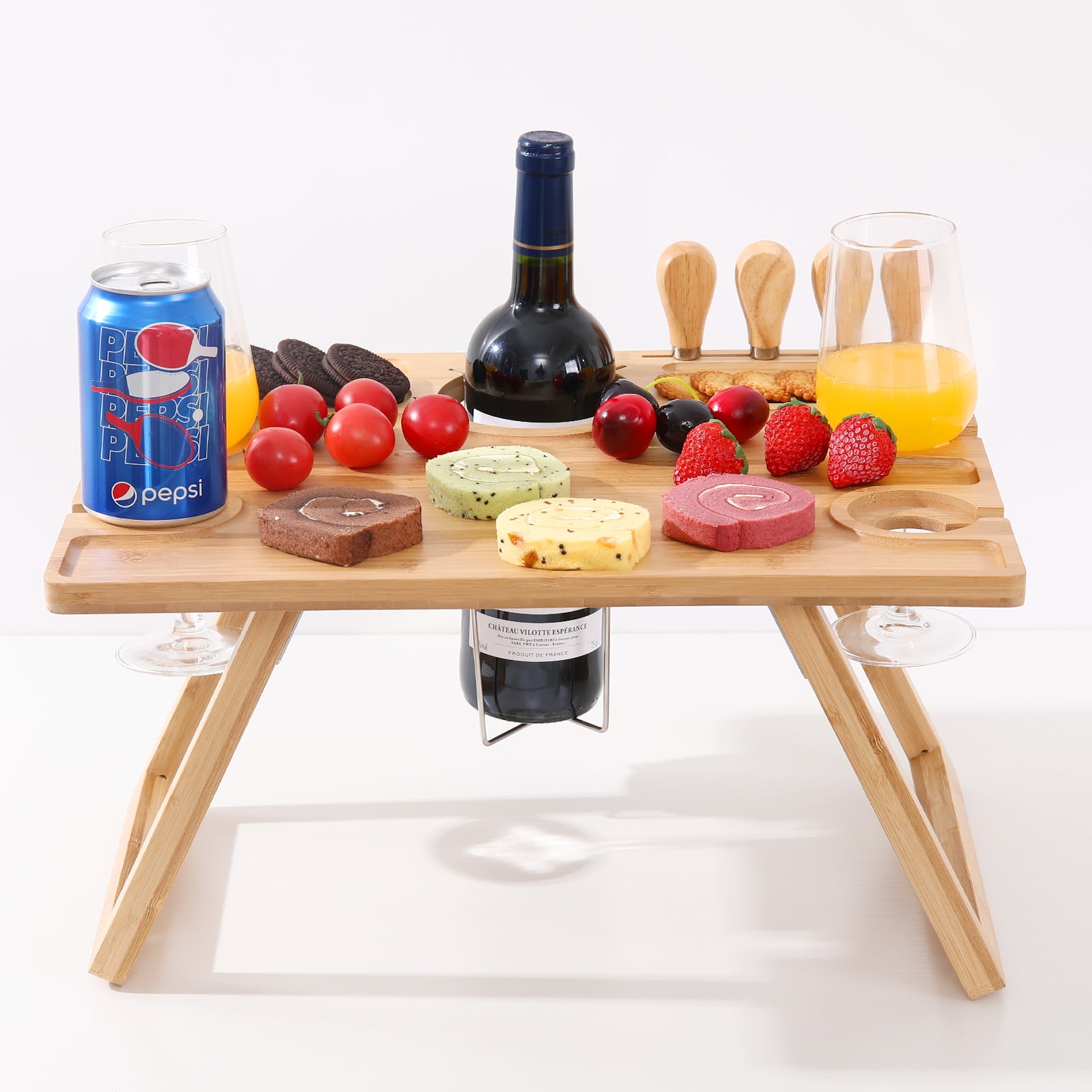 Ollieroo Bamboo Foldable Picnic Table Outdoor Camping Wine Picnic Table  Snack and Cheese Table Tray Wine Glasses Holder with 4 Knife and Fork
